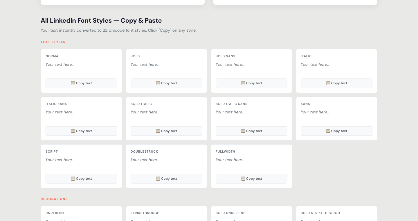 LinkedIn font styles library — bold, italic, script and more, with one-click copy