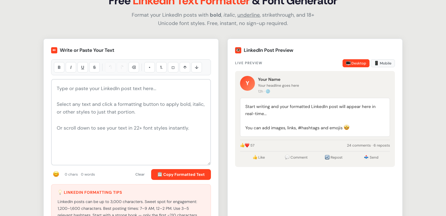 Free LinkedIn text formatter with bold button and live post preview