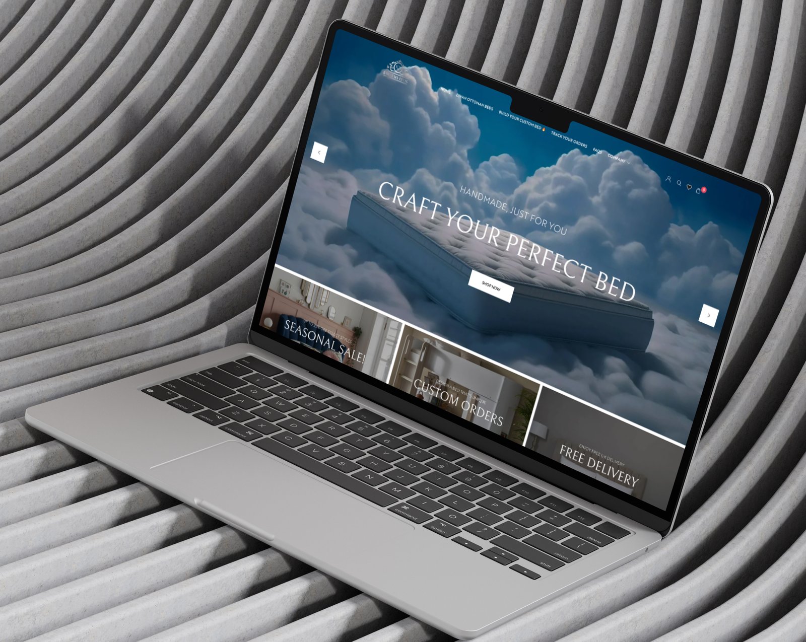 Kareema Beds website mockup on laptop